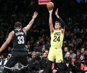 Apr 2, 2023; Brooklyn, New York, USA;  Utah Jazz center Walker Kessler (24) shoots over Brooklyn Nets center Nic Claxton (33) in the third quarter at Barclays Center. Mandatory Credit: Wendell Cruz-USA TODAY Sports Photo: Wendell Cruz/REUTERS