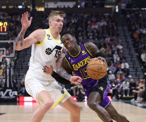 Apr 4, 2023; Salt Lake City, Utah, USA; Los Angeles Lakers guard Dennis Schroder (17) drives against Utah Jazz forward Luka Samanic (19) in the second quarter at Vivint Arena. Mandatory Credit: Rob Gray-USA TODAY Sports Photo: Rob Gray/REUTERS