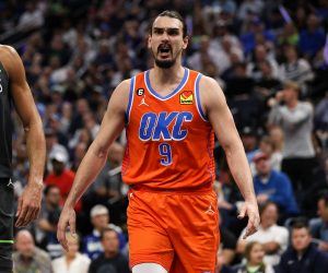 Apr 14, 2023; Minneapolis, Minnesota, USA; Oklahoma City Thunder forward Dario Saric (9) reacts during the first quarter against the Minnesota Timberwolves at Target Center. Mandatory Credit: Matt Krohn-USA TODAY Sports Photo: Matt Krohn/REUTERS