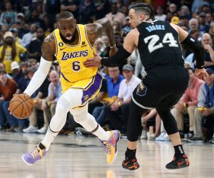 Apr 19, 2023; Memphis, Tennessee, USA; Los Angeles Lakers forward LeBron James (6) dribbles as Memphis Grizzlies forward Dillon Brooks (24) defends during the first half of game two of the 2023 NBA playoffs at FedExForum. Mandatory Credit: Petre Thomas-USA TODAY Sports Photo: Petre Thomas/REUTERS