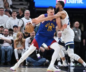 Apr 21, 2023; Minneapolis, Minnesota, USA; Denver Nuggets center Nikola Jokic (15) is defended by Minnesota Timberwolves center Rudy Gobert (27) during the fourth quarter of game three of the 2023 NBA Playoffs at Target Center. Mandatory Credit: Jeffrey Becker-USA TODAY Sports Photo: Jeffrey Becker/REUTERS