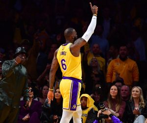 Apr 24, 2023; Los Angeles, California, USA; Los Angeles Lakers forward LeBron James (6) reacts after blocking a shot against Memphis Grizzlies forward Dillon Brooks (24) during the first half in game four of the 2023 NBA playoffs at Crypto.com Arena. Mandatory Credit: Gary A. Vasquez-USA TODAY Sports Photo: Gary A. Vasquez/REUTERS