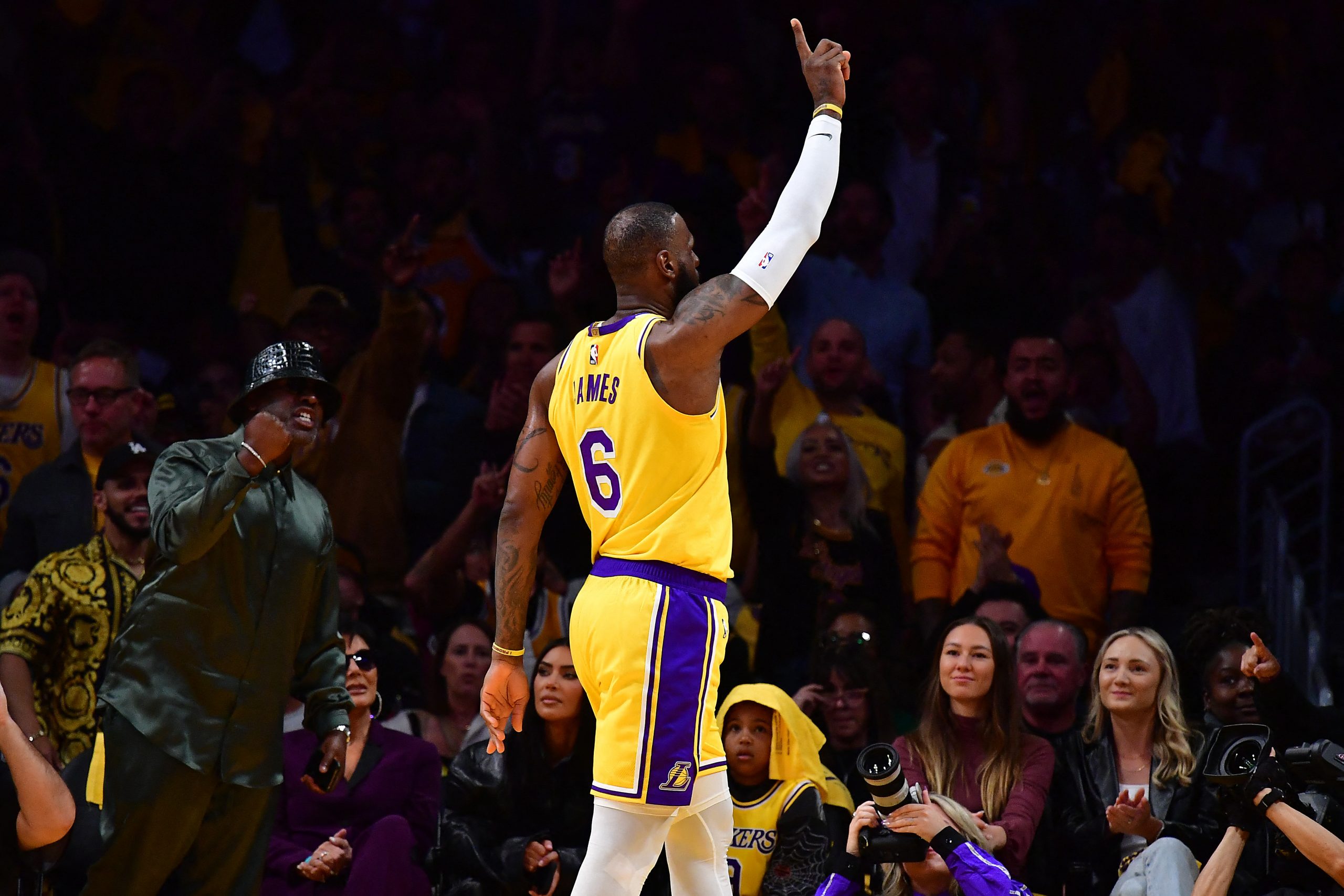 Apr 24, 2023; Los Angeles, California, USA; Los Angeles Lakers forward LeBron James (6) reacts after blocking a shot against Memphis Grizzlies forward Dillon Brooks (24) during the first half in game four of the 2023 NBA playoffs at Crypto.com Arena. Mandatory Credit: Gary A. Vasquez-USA TODAY Sports Photo: Gary A. Vasquez/REUTERS