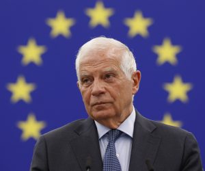 epa10577979 High Representative of the European Union for Foreign Affairs and Security Policy, Josep Borrell looks on during a session on 'The need for a coherent strategy for EU-China Relations' at the European Parliament in Strasbourg, France, 18 April 2023. The session of the European Parliament runs from 17 till 20 April.  EPA/JULIEN WARNAND