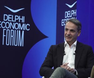 epa10597332 Greek Prime Minister Kyriakos Mitsotakis speaks speaks during the Delphi Economic Forum VIII in Delphi, Greece, 28 April 2023. The Forum engages political, economic, business and academic leaders in an effort to address emerging challenges, influence the national and regional agendas and promote sustainable and socially responsible growth policies for Europe, the wider Eastern Mediterranean and Greece, according to the event’s organizers.  EPA/CHARIS AKRIVIADIS