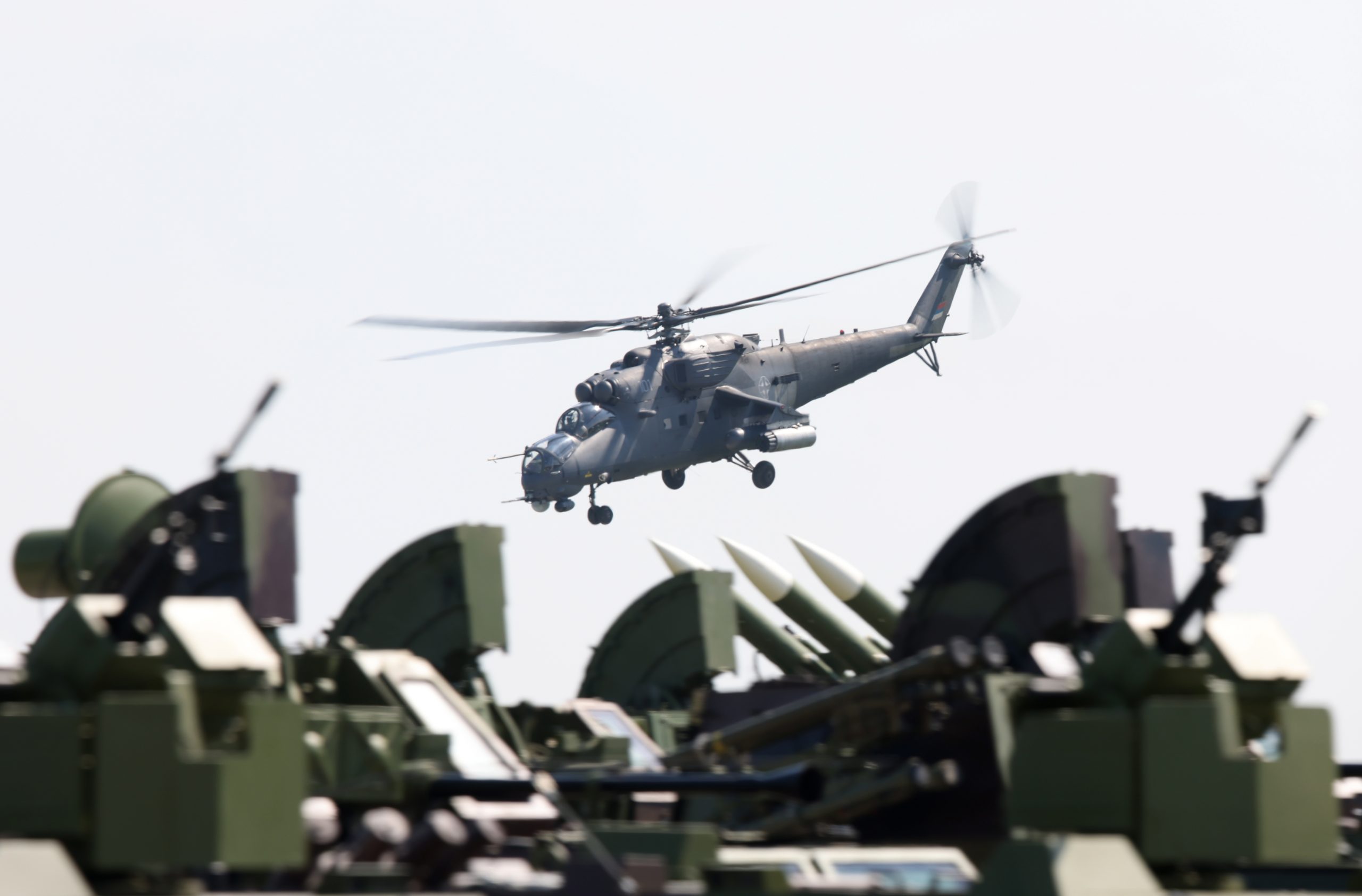 epa10585882 A Serbian Army Mi-35 attack helicopter performs during the Serbian Armed Forces capabilities demonstration 'Granit 2023' at the Batajnica military airport near Belgrade, Serbia, 22 April 2023. The capabilities presentation was arranged on the occasion of the Serbian Armed Forces Day, that is annually marked on 23 April. It marks the begin of the Second Serbian Uprising in 1815 which is regarded 'a milestone in the creation of the modern Serbian state and military'.  EPA/ANDREJ CUKIC
