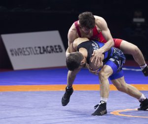 Zagreb, 19.04.2023.-  Europsko prvnestvo u hrvanju. Finale  61 kg,  Arsen Harutyunyan (ARM) vs. Zelimkhan Abakarov (ALB).     foto HINA/ Daniel KASAP/ dk