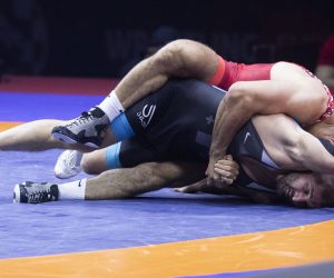 Zagreb, 19.04.2023.-  Europsko prvnestvo u hrvanju. Finale 125 kg,  Taha Akgul (TUR) vs. Geno Petriashvili (GEO)  .   foto HINA/ Daniel KASAP/ dk