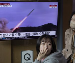 epa10539754 People watch the news at a station in Seoul, South Korea, 24 March 2023. According to the official Korean Central News Agency (KCNA), North Korea tested a new underwater nuclear attack drone on 21 March capable of spawning a 'radioactive tsunami' and stealthily attacking enemies. North Korea also conducted cruise missile drills on 22 March, using 'a test warhead simulating a nuclear warhead.' The drills were conducted amid continued US-South Korean joint military exercises.  EPA/JEON HEON-KYUN