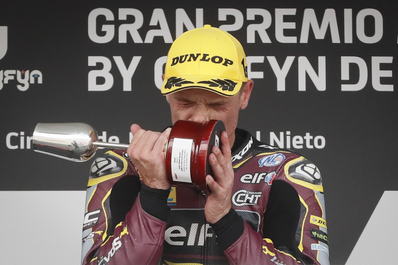 epa10599876 British rider Sam Lowes (Kalex) celebrates his victory on the podium following the Spanish Moto2 Grand Prix at Angel Nieto circuit in Jerez de la Frontera, southern Spain, 30 April 2023.  EPA/Jose Manuel Vidal