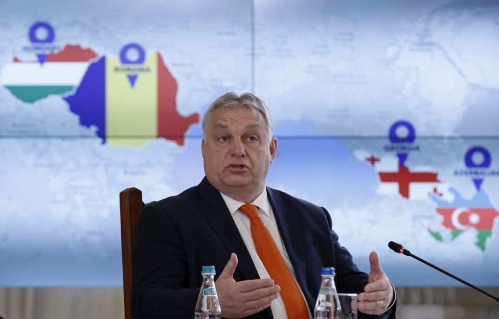 epa10369579 Hungarian Prime Minister Viktor Orban gestures while delivering his speech during a plenary session held before the signing ceremony of the Strategic Partnership Agreement for the development and transport of Green Energy between Azerbaijan, Georgia, Hungary and Romania, at Cotroceni Presidential Palace in Bucharest, Romania, 17 December 2022.  EPA-EFE/ROBERT GHEMENT