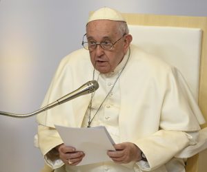 epa10600260 Pope Francis delivers his speech during his visit at the Faculty of Information Technology and Bionics of the Catholic University Peter Pazmany in Budapest, Hungary, 30 April 2023. Pope Francis is on an Apostolic Journey to Hungary from 28 to 30 April 2023.  EPA/TAMAS KOVACS HUNGARY OUT
