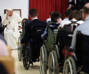 epa10597930 Pope Francis (2-L) visits the Blessed Laszlo Batthyany-Strattmann Institute during his Apostolic Journey in Budapest, Hungary, 29 April 2023. Pope Francis is on an Apostolic Journey to Hungary from 28 to 30 April 2023.  EPA/REMO CASILLI / POOL