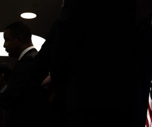 epa10577330 United States Attorney for the Eastern District of New York Breon Peace (silhouetted by a skylight) announces charges filed 17 April alleged working connected to the Chinese government during a press conference at the US Attorney’s office in the Brooklyn borough of New York, New York, USA, 17 April 2023. Three separate complaints were unsealed today, including allegations of a transnational repression scheme and charges against two New York residents who are alleged to have been helping to help operate a secret police station connected to the People’s Republic of China.  EPA/JUSTIN LANE