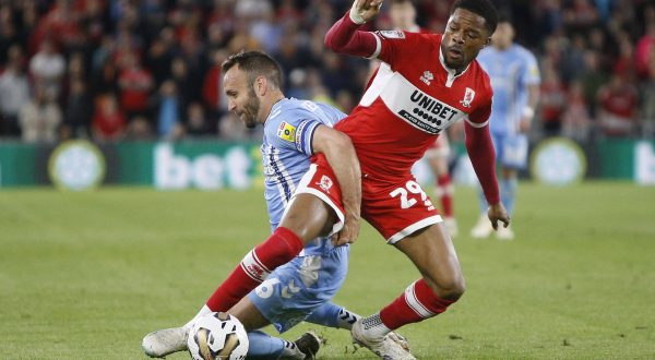 Middlesbrough v Coventry City EFL Sky Bet Championship 17052023. Play Off Second Leg Middlesbrough forward Chuba Akpom 29 is fouled by Coventry City midfielder Liam Kelly 6 during the EFL Sky Bet Championship play-off 2nd leg match between Middlesbrough and Coventry City at the Riverside Stadium, Middlesbrough, England on 17 May 2023. Middlesbrough Riverside Stadium North Yorkshire England Editorial use only DataCo restrictions apply See www.football-dataco.com , Copyright: xPaulxThompsonx PSI-17438-0035