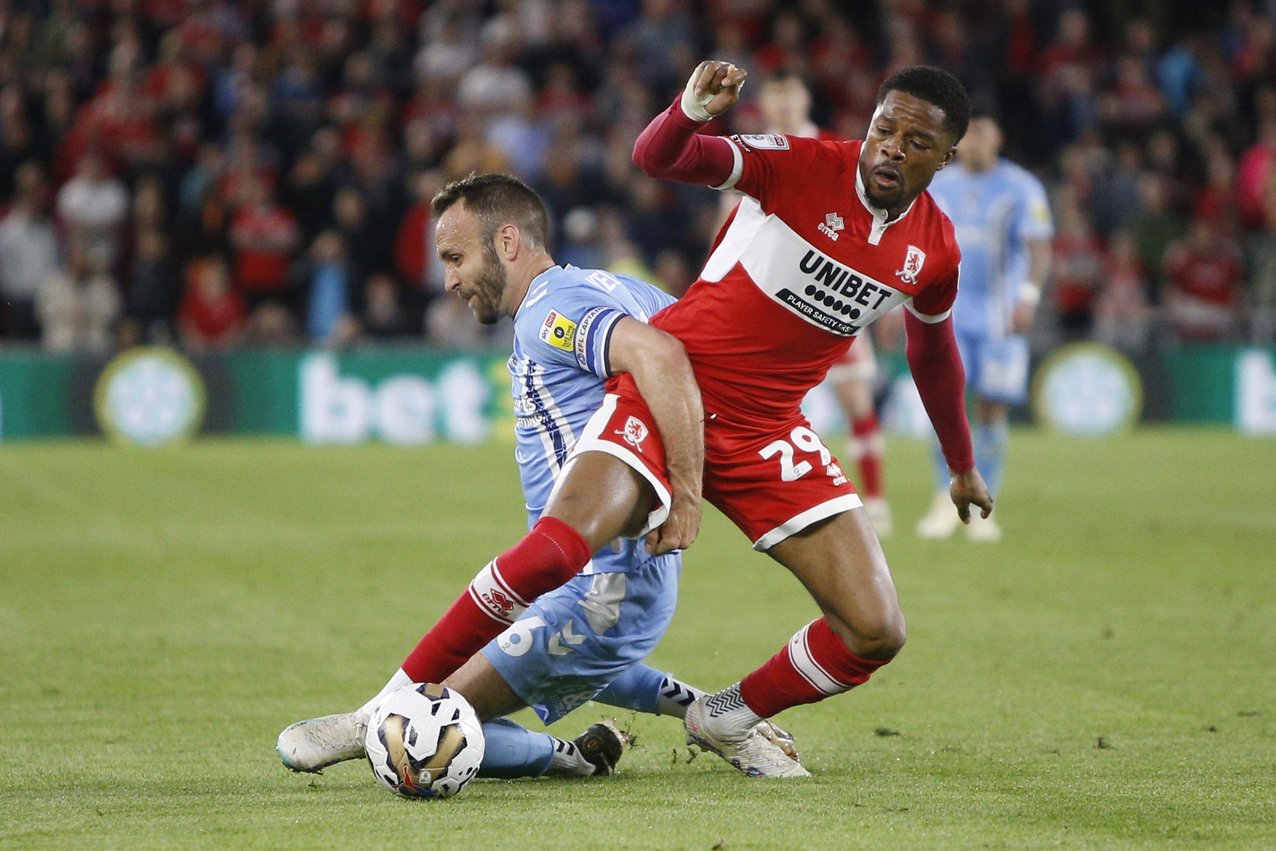 Middlesbrough v Coventry City EFL Sky Bet Championship 17052023. Play Off Second Leg Middlesbrough forward Chuba Akpom 29 is fouled by Coventry City midfielder Liam Kelly 6 during the EFL Sky Bet Championship play-off 2nd leg match between Middlesbrough and Coventry City at the Riverside Stadium, Middlesbrough, England on 17 May 2023. Middlesbrough Riverside Stadium North Yorkshire England Editorial use only DataCo restrictions apply See www.football-dataco.com , Copyright: xPaulxThompsonx PSI-17438-0035