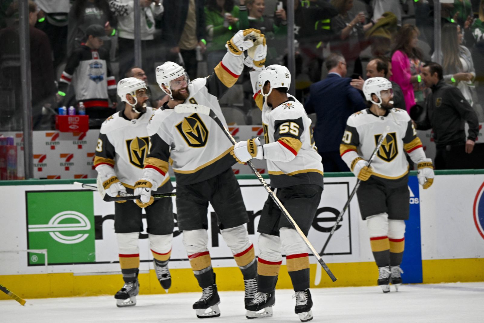 May 29, 2023; Dallas, Texas, USA; Vegas Golden Knights defenseman Alex Pietrangelo (7) and right wing Keegan Kolesar (55) celebrate on the ice after defeating the Dallas Stars in game six of the Western Conference Finals of the 2023 Stanley Cup Playoffs at American Airlines Center. Mandatory Credit: Jerome Miron-USA TODAY Sports