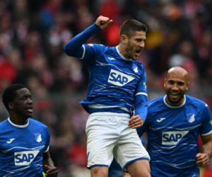 epa10573870 Hoffenheim's Andrej Kramaric (C) celebrates  after scoring the 1-1 during the Bundesliga soccer match between FC Bayern Munich and SG Hoffenheim in Munich, Germany, 15 April 2023.  EPA/FILIP SINGER CONDITIONS - ATTENTION: The DFL regulations prohibit any use of photographs as image sequences and/or quasi-video.