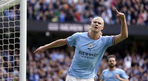 epa10574059 Erling Haaland of Manchester City celebrates scoring the 2-0 lead from the penalty spot during the English Premier League soccer match between Manchester City and Leicester City in Manchester, Britain, 15 April 2023.  EPA/TIM KEETON EDITORIAL USE ONLY. No use with unauthorized audio, video, data, fixture lists, club/league logos or 'live' services. Online in-match use limited to 120 images, no video emulation. No use in betting, games or single club/league/player publications
