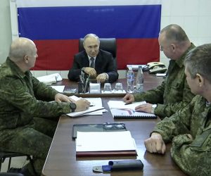 epa10577971 A handout image provided by the Kremlin.ru shows Russian President Vladimir Putin (C) visiting the headquarters of the ‘Dnieper’ army group in the Kherson Region, 18 April 2023. Putin made working trips to the headquarters of the Dnieper grouping of troops in the Kherson direction and to the headquarters of the Vostok National Guard in the Luhansk People's Republic.  EPA/KREMLIN.RU/HANDOUT HANDOUT EDITORIAL USE ONLY/NO SALES HANDOUT EDITORIAL USE ONLY/NO SALES