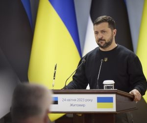 epa10589289 A handout photo made available by Ukraine’s Presidential Press Service shows Ukrainian President Volodymyr Zelensky addressing a joint press conference with the Prime Minister of Estonia Kaja Kallas (not pictured) following their meeting in Zhytomyr, Ukraine, 24 April 2023. Kallas met with Zelensky as the Ukrainian head of state was on a working trip to the Zhytomyr region amid the Russian invasion of the country.  EPA/PRESIDENTIAL PRESS SERVICE HANDOUT  HANDOUT EDITORIAL USE ONLY/NO SALES
