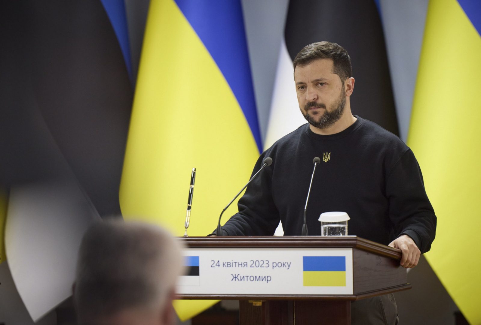 epa10589289 A handout photo made available by Ukraine’s Presidential Press Service shows Ukrainian President Volodymyr Zelensky addressing a joint press conference with the Prime Minister of Estonia Kaja Kallas (not pictured) following their meeting in Zhytomyr, Ukraine, 24 April 2023. Kallas met with Zelensky as the Ukrainian head of state was on a working trip to the Zhytomyr region amid the Russian invasion of the country.  EPA/PRESIDENTIAL PRESS SERVICE HANDOUT  HANDOUT EDITORIAL USE ONLY/NO SALES