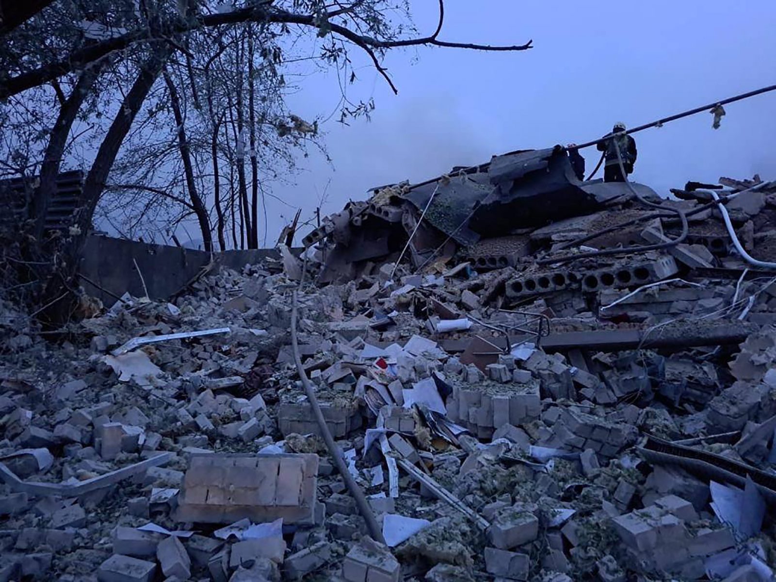 epa10595882 A handout photo released by Ukraine's Dnipropetrovsk Regional State Administration shows a heavily damaged building after a missile attack, in Dnipro, southeastern Ukraine, 28 April 2023, amid Russia's invasion. As a result of Russian shelling hitting a private building in Dnipro a child and a woman have died and three others were injured, the Dnipropetrovsk Oblast state administration wrote on telegram. Ukraine's Ministry of Internal Affairs said on 28 April, that the Russian army conducted attacks on residential buildings across the country, including Dnipro, Uman and Ukrainka in the Kyiv region, killing at least five people and injuring several others. Russian troops entered Ukrainian territory in February 2022, starting a conflict that has provoked destruction and a humanitarian crisis.  EPA/DNIPROPETROVSK OBLAST STATE ADMINISTRATION HANDOUT -- BEST QUALITY AVAILABLE -- MANDATORY CREDIT -- HANDOUT EDITORIAL USE ONLY/NO SALES