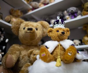 epa10599458 The King Charles III Coronation Commemorative Teddy Bear on display at the Merrythoughts shop in Ironbridge, Britain, 18 April 2023 (issued 30 April 2023). Merrythoughts have been hand making traditional, articulated teddy bears in the original workshop since 1930 at the World Heritage Site of Ironbridge in Shropshire, England. The company produced an extensive Royal Collection, as well as  commemorative bears for significant events such as the 2012 London Olympics and the 70th anniversary of the NHS.  EPA/ADAM VAUGHAN  ATTENTION: This Image is part of a PHOTO SET