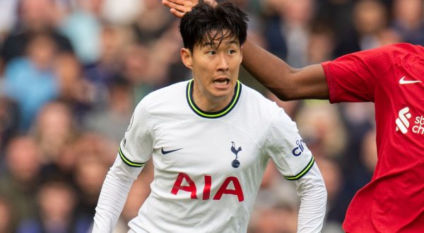 epa10600733 Tottenham Hotspur's Son Heung-Min (L) in action with Liverpool's Ibrahima Konate (R) during the English Premier League soccer match between Liverpool and Tottenham Hotspur, in Liverpool, Britain, 30 April 2023.  EPA/Peter Powell EDITORIAL USE ONLY. No use with unauthorized audio, video, data, fixture lists, club/league logos or 'live' services. Online in-match use limited to 120 images, no video emulation. No use in betting, games or single club/league/player publications