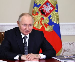 epa10604522 Russian President Vladimir Putin takes part in an event on the occasion of the tram traffic resumption in Mariupol, the Russian-controlled city in Ukraine's Donetsk region, via video conference call, in St. Petersburg, Russia, 02 May 2023. Nearly 5,000 new apartments are planned to be commissioned in Mariupol this year, Russian Deputy Prime Minister Marat Khusnullin said on 02 May. Some 26 thousand builders are currently working on the restoration of the city. Mariupol had seen a long battle for its control between Ukrainian and Russian forces as well as a siege, with hostilities lasting from February to the end of May 2022. On 24 February 2022 Russian troops entered the Ukrainian territory in what the Russian president declared a 'Special Military Operation', starting an armed conflict that has provoked destruction and a humanitarian crisis.  EPA/MIKHAEL KLIMENTYEV/SPUTNIK/KREMLIN / POOL MANDATORY CREDIT