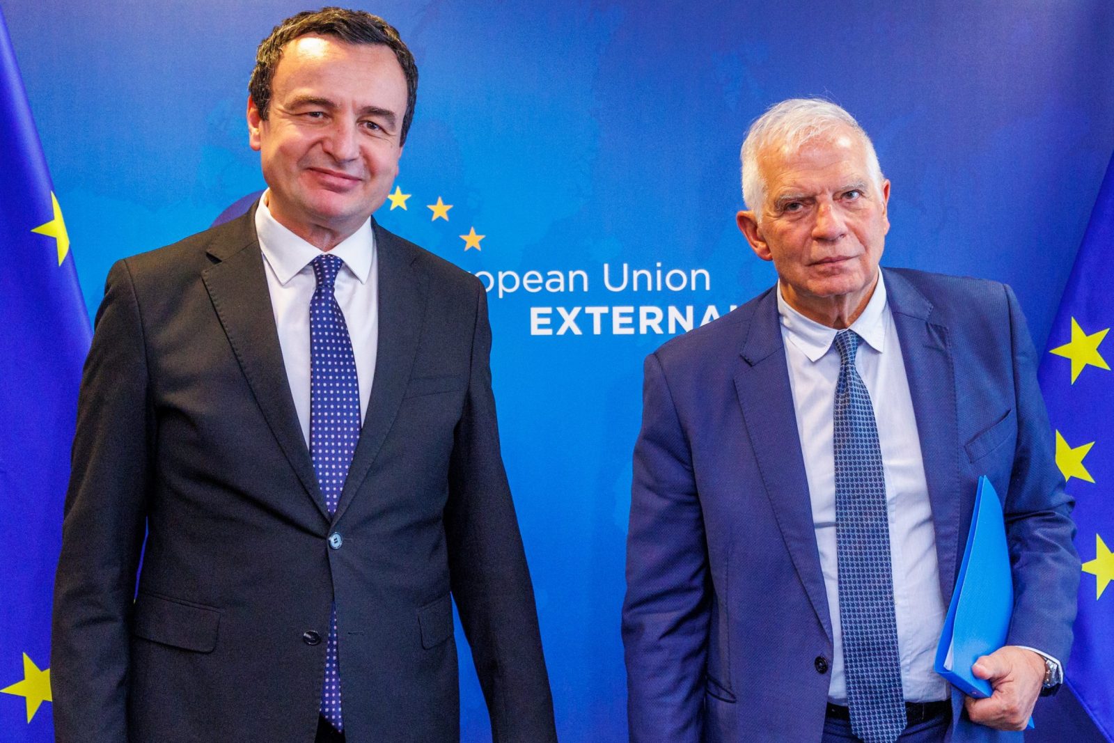 epa10604643 EU High Representative/Vice President Josep Borrell welcomes Prime Minister of Kosovo Albin Kurti (L) prior to a high-level meeting of the Belgrade-Pristina Dialogue with President of Serbia in the European external Action Service building in Brussels, Belgium, 02 May 2023. The meeting will focus on the implementation of the Agreement on the path to normalization between Kosovo and Serbia. The Parties are expected to endorse the Declaration on Missing Persons as a first agenda item, to be followed by the presentation of a discussion on the first draft statute of the Association/Community of Serb majority Municipalities in Kosovo.  EPA/OLIVIER MATTHYS
