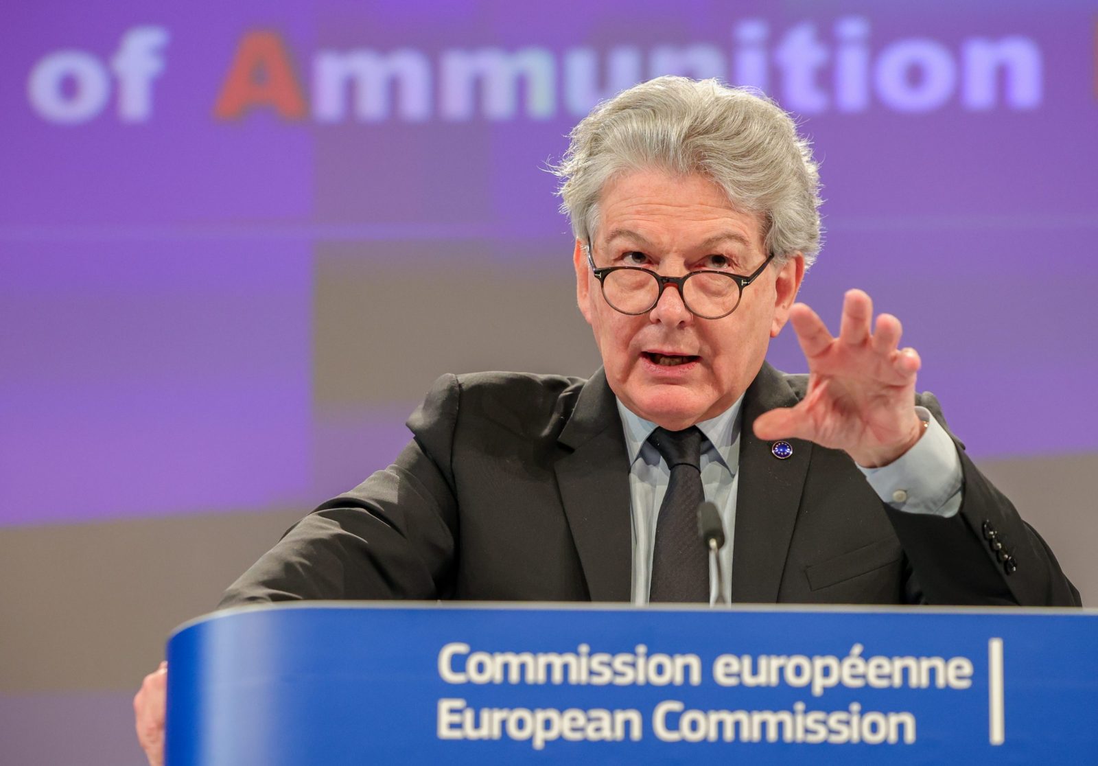 epa10605869 EU Internal Market Commissioner Thierry Breton presents the EU Act in Support of Ammunition Production 'ASAP'  during a press conference following the European Commission weekly college meeting in Brussels, Belgium, 03 May 2023. The meeting discussed the ramping up of ammunition production in the EU.  EPA/OLIVIER MATTHYS