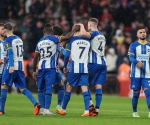 epa10588225 Brighton players react during the penalty shootout of the FA Cup semi-final match between Brighton and Hove Albion and Manchester United in London, Britain, 23 April 2023.  EPA/ISABEL INFANTES EDITORIAL USE ONLY. No use with unauthorized audio, video, data, fixture lists, club/league logos or 'live' services. Online in-match use limited to 120 images, no video emulation. No use in betting, games or single club/league/player publications