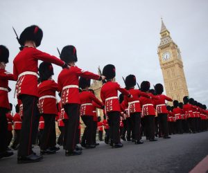 epa10611484 A handout photo made available by the British Ministry of Defence showing an army contingent marching across Westminster Bridge ahead of the coronation ceremony of King Charles lll in London, Britain, 06 May 2023.  EPA/Sgt Donald C Todd HANDOUT  HANDOUT EDITORIAL USE ONLY/NO SALES