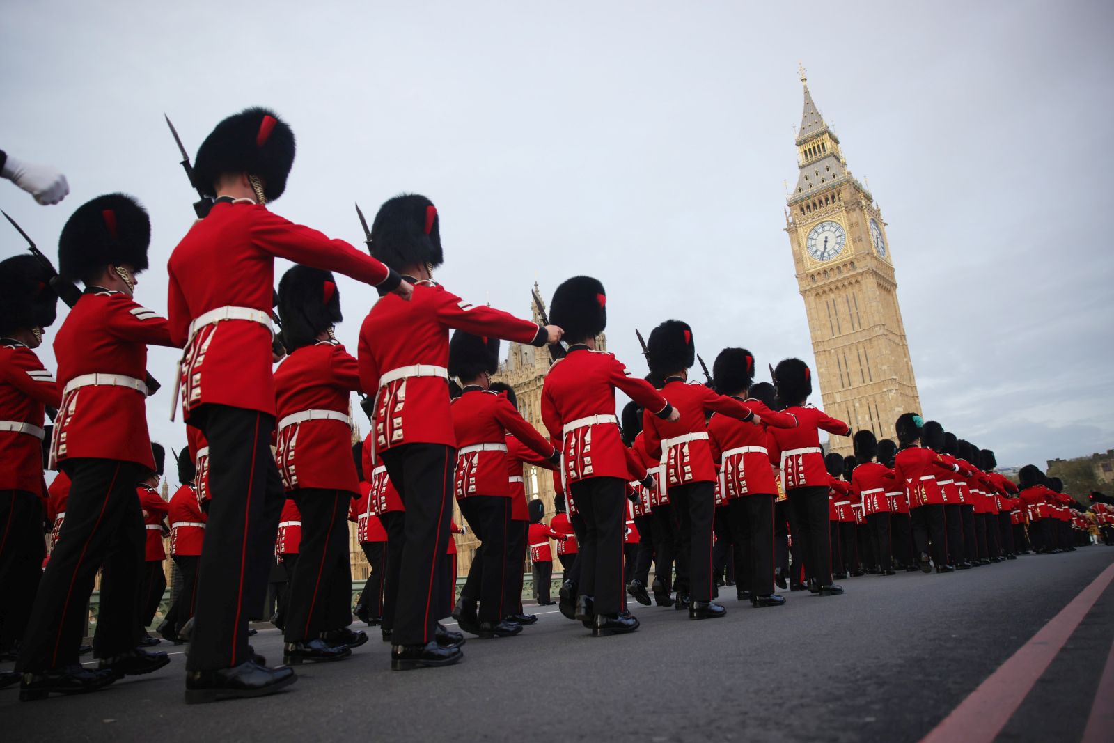 epa10611484 A handout photo made available by the British Ministry of Defence showing an army contingent marching across Westminster Bridge ahead of the coronation ceremony of King Charles lll in London, Britain, 06 May 2023.  EPA/Sgt Donald C Todd HANDOUT  HANDOUT EDITORIAL USE ONLY/NO SALES