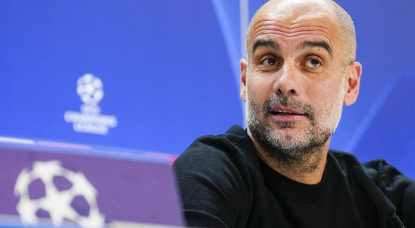 epa10615919 Manchester City's head coach Pep Guardiola attends a press conference, in Madrid, Spain, 08 May 2023. Manchester City will face Real Madrid on 09 May 2023 during their UEFA Champions League semi-final first leg soccer match in Madrid.  EPA/Borja Sanchez Trillo