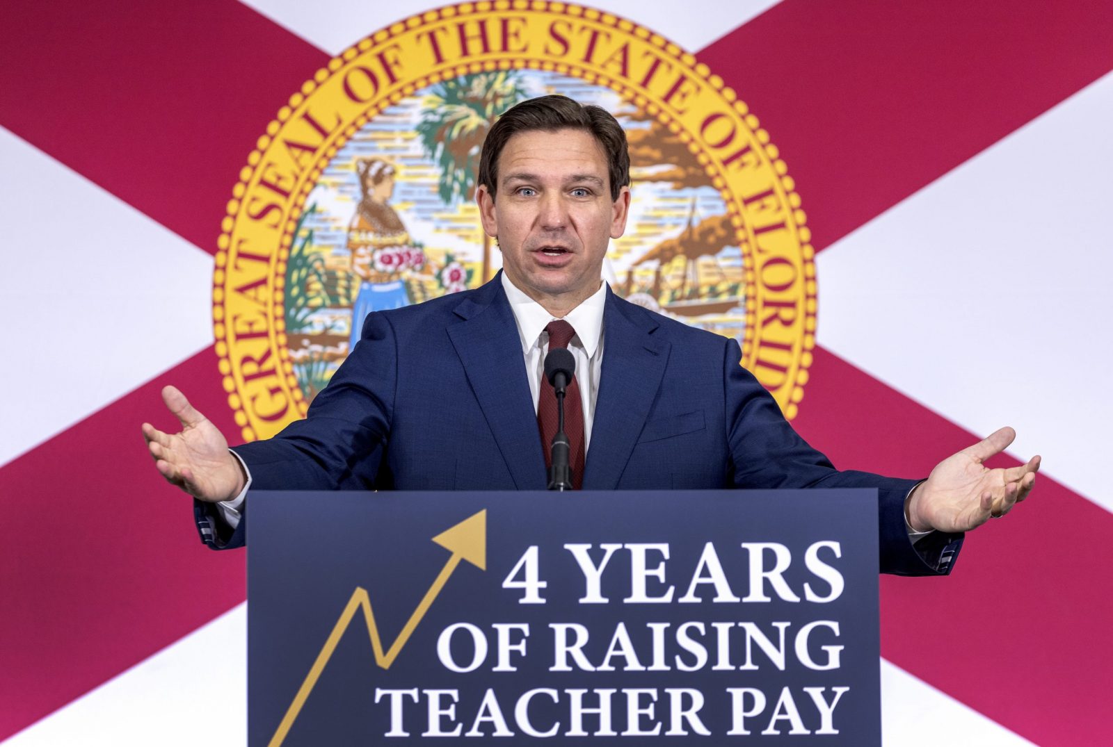 epa10617714 Florida Governor Ron DeSantis speaks during an event at True North Classical Academy in Miami, Florida, USA, 09 May 2023. According to DeSantis Tweeter account, during the event he signed legislations to Protects teacher paychecks from automatic union deductions, to Creates a Teachers' Bill of Rights, to Reforms school board elections and to Removes social media from classrooms, in addition to approving a $1 billion for teacher salaries.  EPA/CRISTOBAL HERRERA-ULASHKEVICH