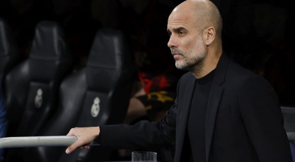 epa10617951 Manchester City's head coach Pep Guardiola reacts during the UEFA Champions League semifinal first leg soccer match between Real Madrid and Manchester City at Santiago Bernabeu Stadium, in Madrid, Spain, 09 May 2023  EPA/Juanjo Martin