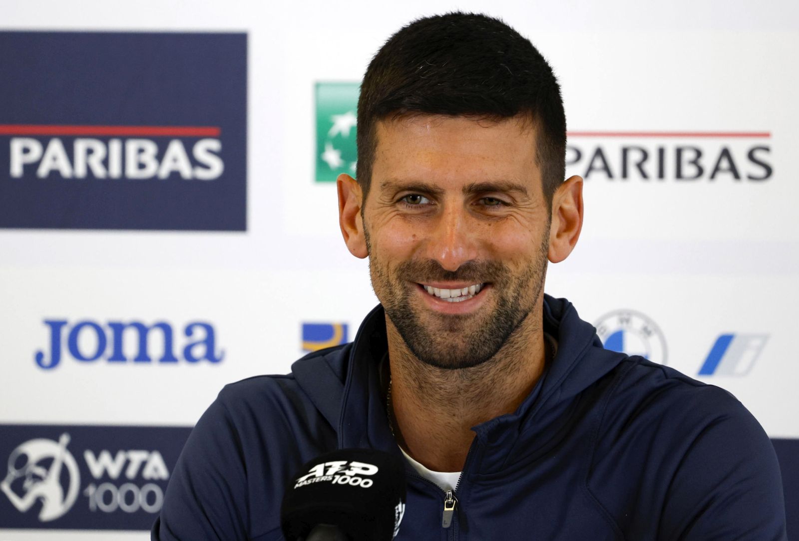 epa10621414 Novak Djokovic of Serbia during a press conference at the Italian Open tennis tournament in Rome, Italy, 11 May 2023.  EPA/FABIO FRUSTACI