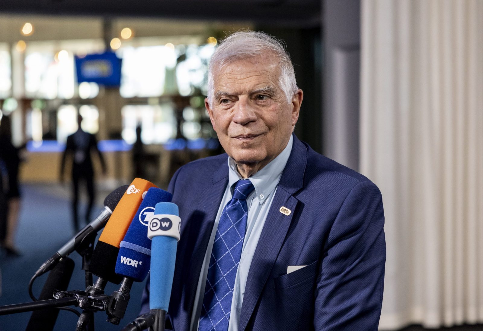 epa10624359 Josep Borrell, the European Union High Representative for Foreign Affairs and Security Policy, talks to journalists after an informal meeting of EU Foreign affairs ministers with their Ukrainian counterpart in Marsta, outside Stockholm, Sweden, 13 May 2023. Sweden hosts the meeting as it currentrly holds the presidency of the Council of the European Union.  EPA/Christine Olsson SWEDEN OUT