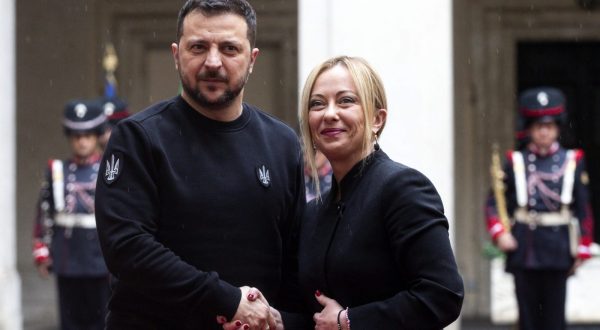 epa10624587 Italian Prime Minister Giorgia Meloni (R) and Ukraine's President Volodymyr Zelensky (L) pose for the media at Chigi Palace during his visit to Rome, Italy, 13 May 2023. It is the first time for Zelensky to come to Italy since the start of the Russian invasion of Ukraine in February 2022. He is scheduled to also meet with the Italian President and Pope Francis.  EPA/ANGELO CARCONI