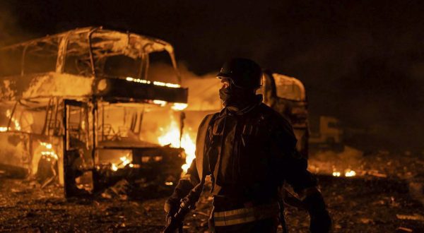 epa10630681 A handout photo released by the press service of the State Emergency Service (SES) of Ukraine shows rescuers putting out a fire following a rocket attack, in Kyiv (Kiev), Ukraine, 16 May 2023, amid Russia's invasion. According to Yuriy Ignat, the speaker of the Air Force of the Armed Forces of Ukraine, Russian forces launched attacks on Ukraine with 18 missiles of various types, adding that all the 18 missiles were destroyed. According to the Kyiv Regional Military Administration, missile debris fell in Kyiv's Solomianskyi, Shevchenkivskyi, Sviatoshynskyi, Obolonskyi and Darnytskyi districts. Russian troops entered Ukrainian territory in February 2022, starting a conflict that has provoked destruction and a humanitarian crisis.  EPA/STATE EMERGENCY SERVICE OF UKRAINE HANDOUT -- BEST QUALITY AVAILABLE -- MANDATORY CREDIT: STATE EMERGENCY SERVICE OF UKRAINE -- HANDOUT EDITORIAL USE ONLY/NO SALES