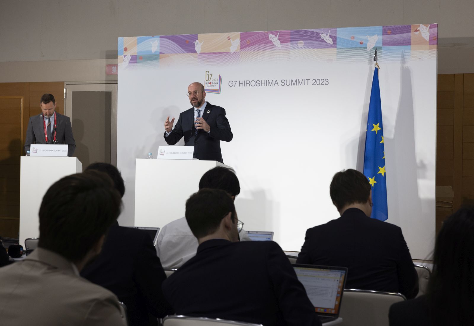 epa10637918 European Council President Charles Michel speaks to reporters during a press briefing on the sidelines of the G7 Hiroshima Summit in Hiroshima, Japan, 19 May 2023. The G7 Hiroshima Summit will be held from 19 to 21 May 2023.  EPA/HOW HWEE YOUNG
