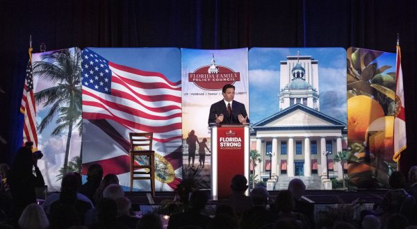 epa10642425 Florida Governor Ron DeSantis speaks during the Florida Family Policy Council 18th Annual Dinner Gala at the Rosen Plaza Hotel in Orlando, Florida, USA, 20 May 2023. According to several media sources, DeSantis is expected to file Federal Election Commission paperwork declaring his candidacy next week in Miami, Florida. Florida Family Policy Council (FFPC) is one of 38 state-based policy councils around the country associated with the Family Policy Alliance.  EPA/CRISTOBAL HERRERA-ULASHKEVICH