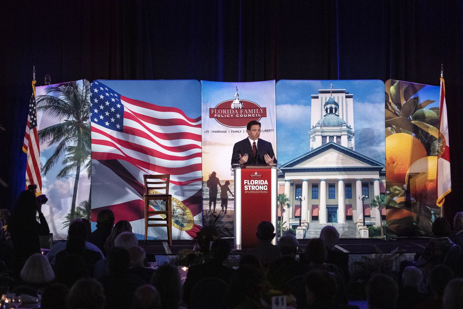 epa10642425 Florida Governor Ron DeSantis speaks during the Florida Family Policy Council 18th Annual Dinner Gala at the Rosen Plaza Hotel in Orlando, Florida, USA, 20 May 2023. According to several media sources, DeSantis is expected to file Federal Election Commission paperwork declaring his candidacy next week in Miami, Florida. Florida Family Policy Council (FFPC) is one of 38 state-based policy councils around the country associated with the Family Policy Alliance.  EPA/CRISTOBAL HERRERA-ULASHKEVICH