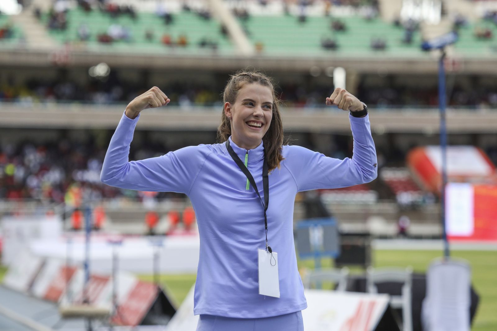 epa10625951 Ukraine's Yaroslava Mahuchikh (C) reacts after winning the women's High jump during the fourth edition of Kip Keino Classic Continental Tour Gold 2023, at the Kasarani stadium in Nairobi, Kenya, 13 May 2023.  EPA/Daniel Irungu
