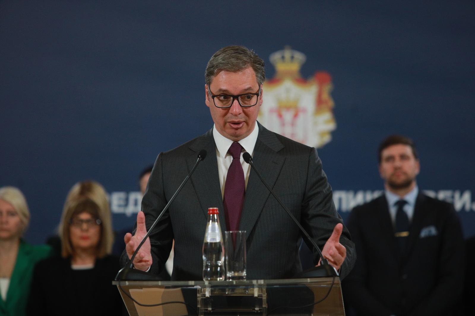 05, May, 2023, Belgrade -The President of Serbia, Aleksandar Vucic, and members of the Government addressed the citizens regarding the terrorist act in Mladenovac. Aleksandar Vucic. Photo: Milos Tesic/ATAImages

05, maj, 2023, Beograd - Predsednik Srbije Aleksandar Vucic i clanovi Vlade obratili su se gradjanima povodom teroristickog akta u Mladenovcu. Photo: Milos Tesic/ATAImages Photo: Milos Tesic/ATA Images/PIXSELL