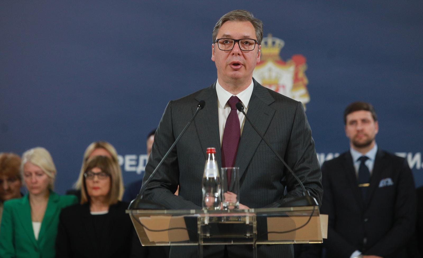 05, May, 2023, Belgrade -The President of Serbia, Aleksandar Vucic, and members of the Government addressed the citizens regarding the terrorist act in Mladenovac. Aleksandar Vucic. Photo: Milos Tesic/ATAImages

05, maj, 2023, Beograd - Predsednik Srbije Aleksandar Vucic i clanovi Vlade obratili su se gradjanima povodom teroristickog akta u Mladenovcu. Photo: Milos Tesic/ATAImages Photo: Milos Tesic/ATA Images/PIXSELL