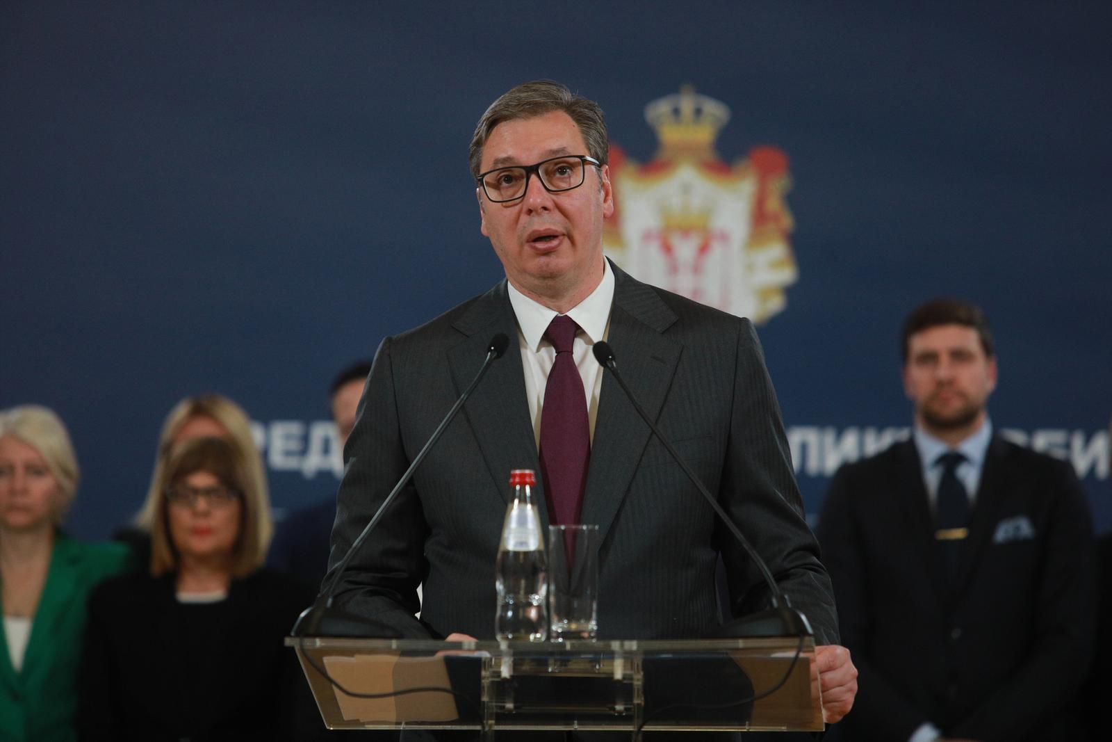 05, May, 2023, Belgrade -The President of Serbia, Aleksandar Vucic, and members of the Government addressed the citizens regarding the terrorist act in Mladenovac. Aleksandar Vucic. Photo: Milos Tesic/ATAImages

05, maj, 2023, Beograd - Predsednik Srbije Aleksandar Vucic i clanovi Vlade obratili su se gradjanima povodom teroristickog akta u Mladenovcu. Photo: Milos Tesic/ATAImages Photo: Milos Tesic/ATA Images/PIXSELL