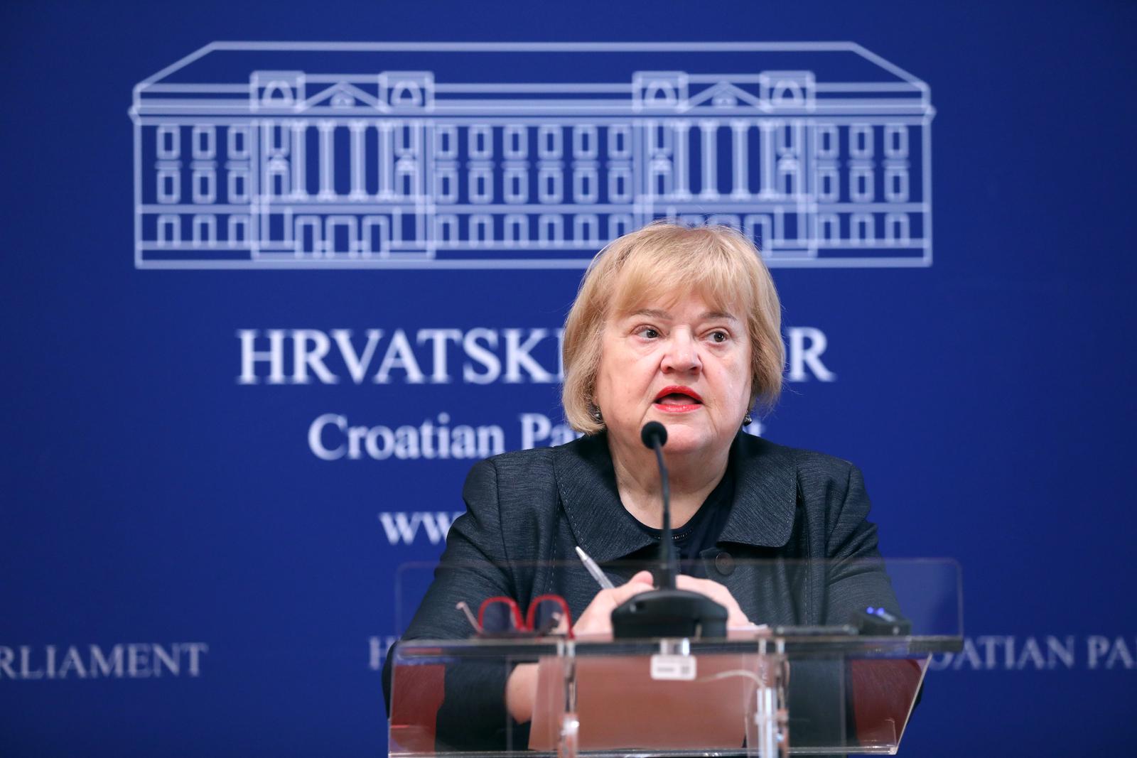 10.05.2023., Zagreb - Na konferenciji za medije odrzanoj u Saboru o temi “Prijedlog zakljucka koji zastupnica Mrak-Taritas upucuje u saborsku proceduru i kojim trazi da se do pocetka skolske godine 2023./2024. osiguraju svi uvjeti potrebni za to da pristup psiholoskoj pomoci imaju svi ucenici i ucenice osnovnih i srednjih skola u Republici Hrvatskoj“ govorila je Anka Mrak Taritas. Photo: Patrik Macek/PIXSELL